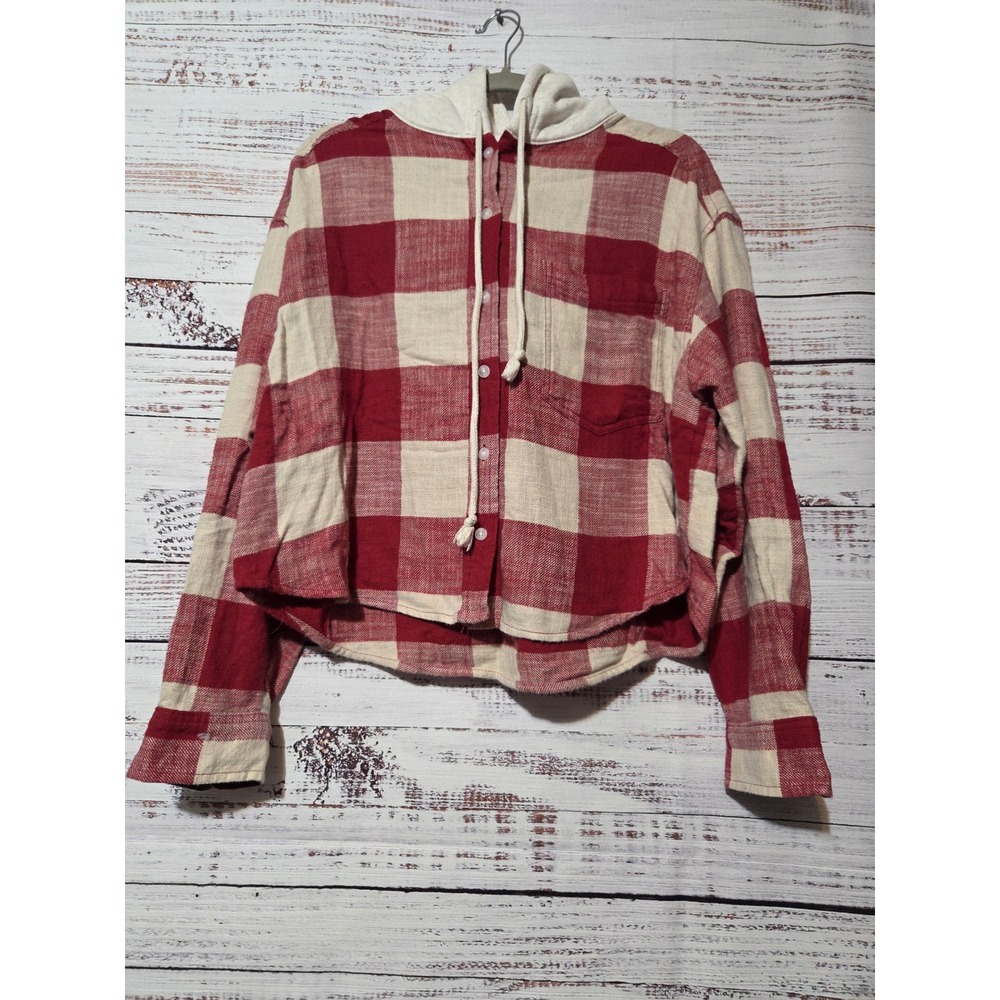 American Eagle Red Cream Buffalo Plaid Hooded Flannel Shirt Womens XL Distressed